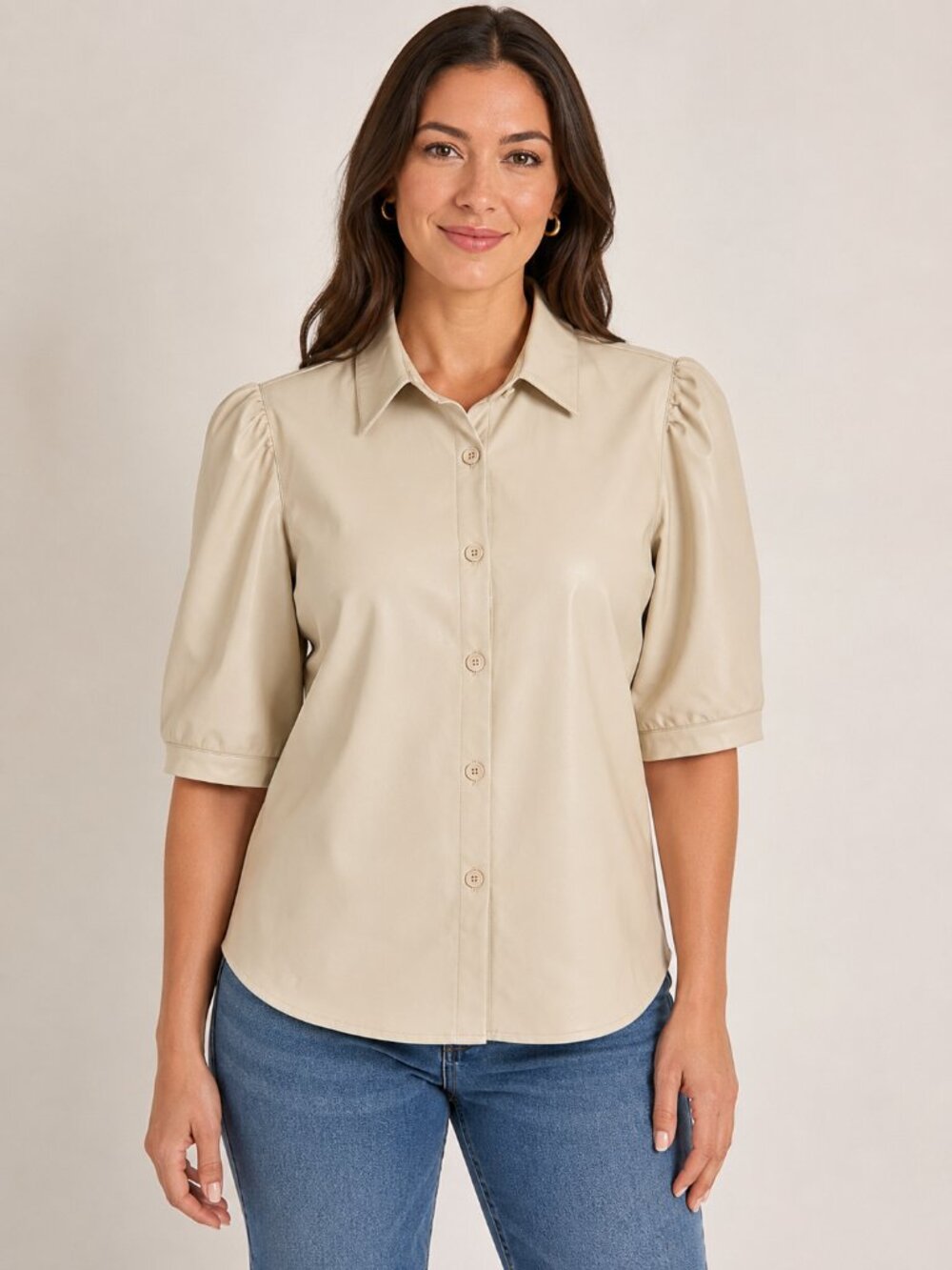 Steve Madden Women’s Faux Leather Button Front Blouse Size L Cream Puff Sleeve